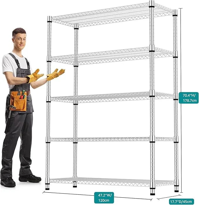 5 Tiers Shelf Metal Storage Shelves 3300 lbs Steel Storage Shelving Utility Shelving Unit Steel Organizer Wire Rack for Home,Kitchen,Office,Garage Chrome 17.7" D x 47.2" W x 70.3" H - ModernBath