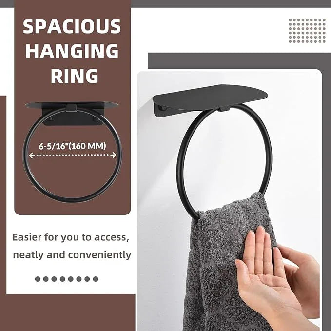 APLusee Matte Black Bath Towel Ring with Shelf, Stainless Steel Towel Holder, Wall Mount - ModernBath
