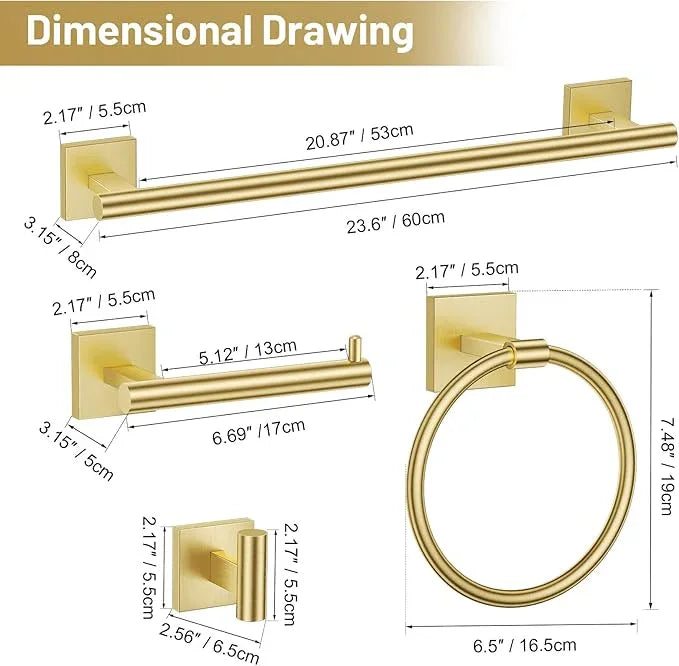TURS 5-Pieces Brushed Gold Bathroom Hardware Set 23.6 Inch SUS304 Stainless Steel Towel Bar Set Wall Mounted Bathroom Accessories Set - ModernBath