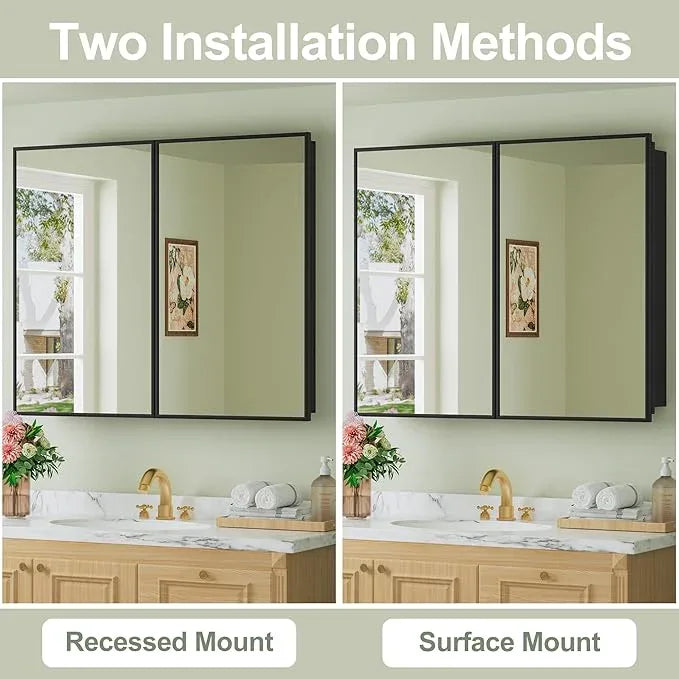 Buruis 36" x 30" Framed Medicine Cabinet with Mirror, Recessed or Wall Mounted Bathroom Cabinet, Adjustable Tempered Glass Shelves, Left/Right Open Reversible, No Assembly Required, Black - ModernBath
