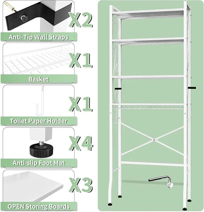 Over-The-Toilet Storage Rack 4-Tier,Bathroom Organizer Shelf Over Toilet,Adjustable Wooden Shelves and Basket,Freestanding Above Toilet Shelve,Space Saver for Rooms(White Rack-White Shelves) - ModernBath