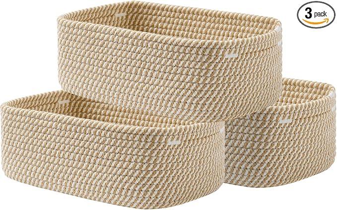 Small Woven Basket, 12 x 8 x 4.5 Inches, Storage Basket for Organizing, Cute Small Rope Shelf Closet Cube Storage Bins Baskets for Shelves, Dog Toy Gift Baskets Empty, 3 Pack Brown - ModernBath