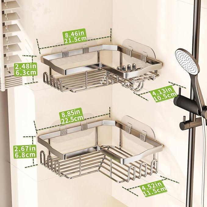 SWTYMIKI Shower Caddy Corner with Soap Holder, 2-Tier Stainless Steel Corner Shower Organizer with 11 Hooks, No Drilling & 6 Strong Adhesives Bathroom Shelf Organizer, Silver - 2 Tier - ModernBath