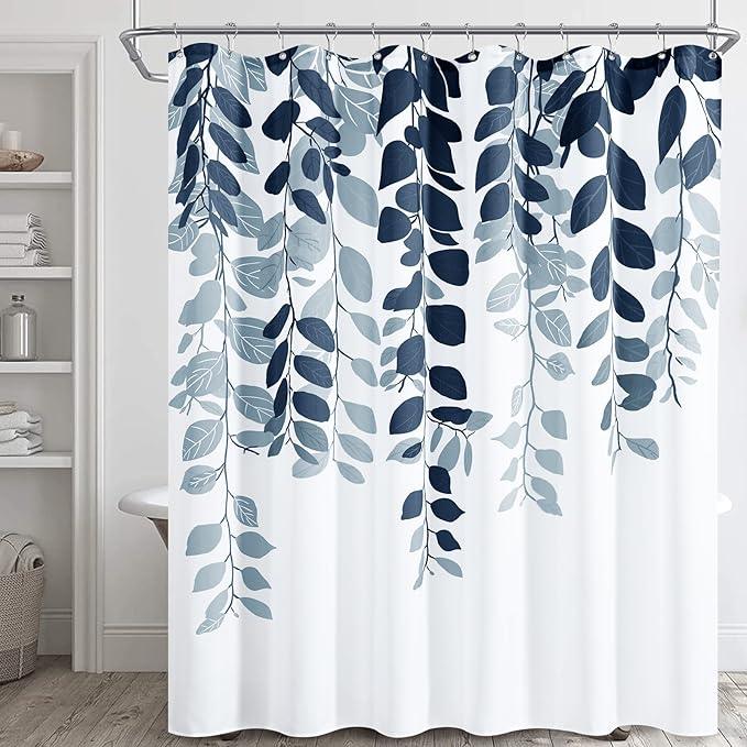 BOODII Navy Blue Leaf Shower Curtain for Bathroom Dark Blue Botanical Eucalyptus Nature Eucalyptus Shower Curtains Set Floral Leaves Bathroom Decor Natural Bath Curtain 72x72 - ModernBath