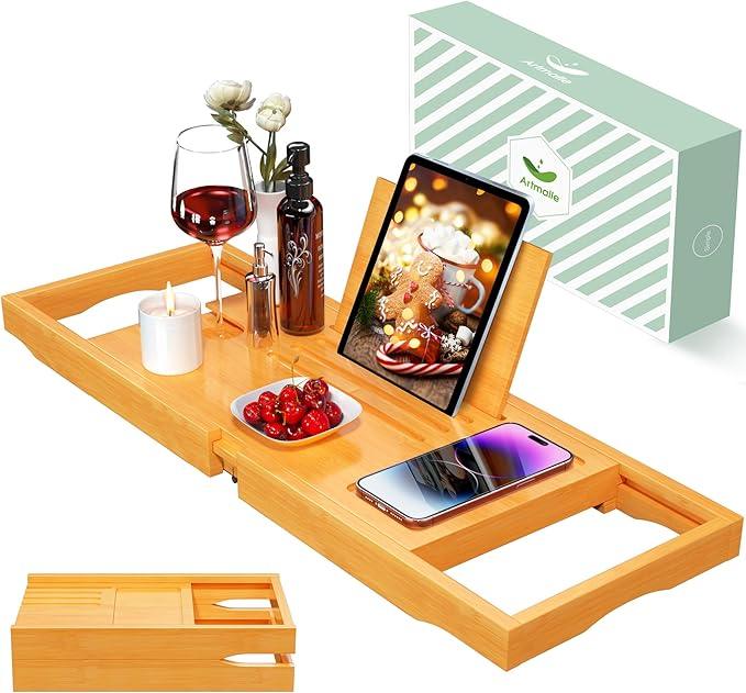 Artmalle Bathtub Caddy Tray for Tub, Expandable Bamboo Bath Table Tray with Book Stand for Home Spa Relaxing, Foldable Minimalist Bathroom Accessories for Women Men (Simple, Natural) (Natural) - ModernBath