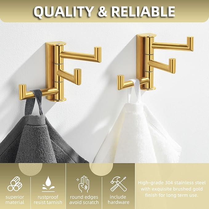 Angle Simple Towel Hooks Swivel, 304 Stainless Steel 3 Arms Foldable Hand Towel Holder, Coat Hooks, Brushed Dark Gold, 2 Pack - ModernBath