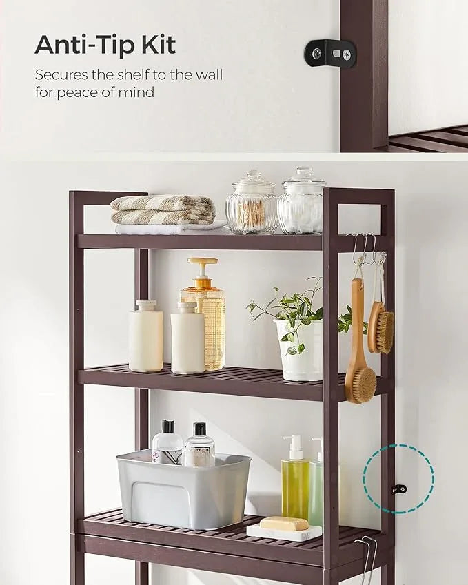 SONGMICS Over The Toilet Storage, 3-Tier Over Toilet Bathroom Organizer with Adjustable Shelf, 10.2 x 24.8 x 66.9 Inches, Space-Saving, Brown UBTS01BR - ModernBath