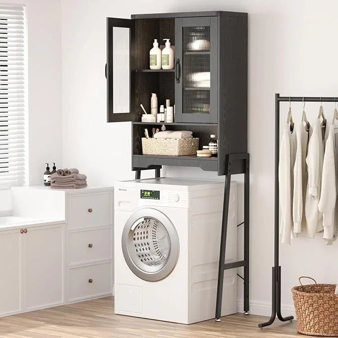 Over The Toilet Storage Cabinet with Tempered Glass Doors & Adjustable Shelf, Bathroom Organizer with Metal Stand Space Saver Over Toilet , Tall Freestanding Shelf/Rack for Bathroom, Black - ModernBath