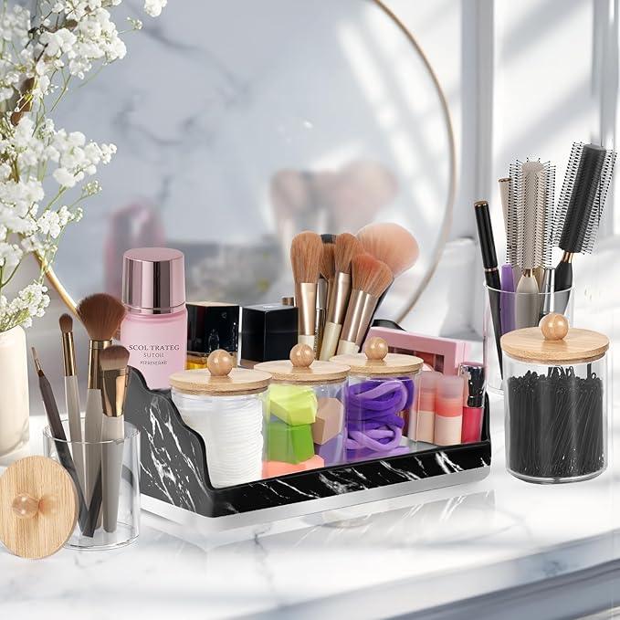 TuCao Marble Bathroom Countertop Organizer, Toothbrush Holders for Bathroom with 3PCS Qtip Holder Dispenser and Toothpaste Holder Drainage for Bathroom Accessories Organization Counter Vanity Storage - ModernBath