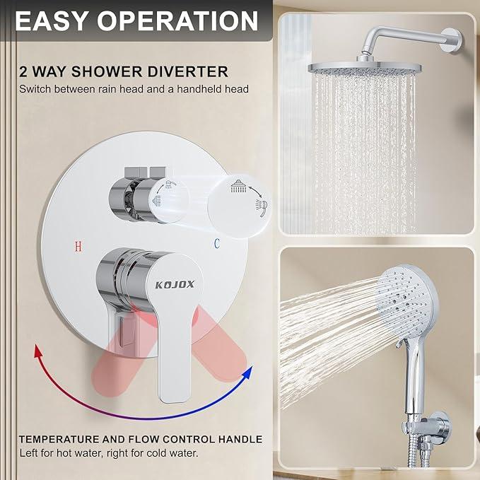 KOJOX Shower Set - Polished Chrome High Pressure Shower Head System- 3 Setting Headheld Shower Head Fixtures- Valve Included - ModernBath