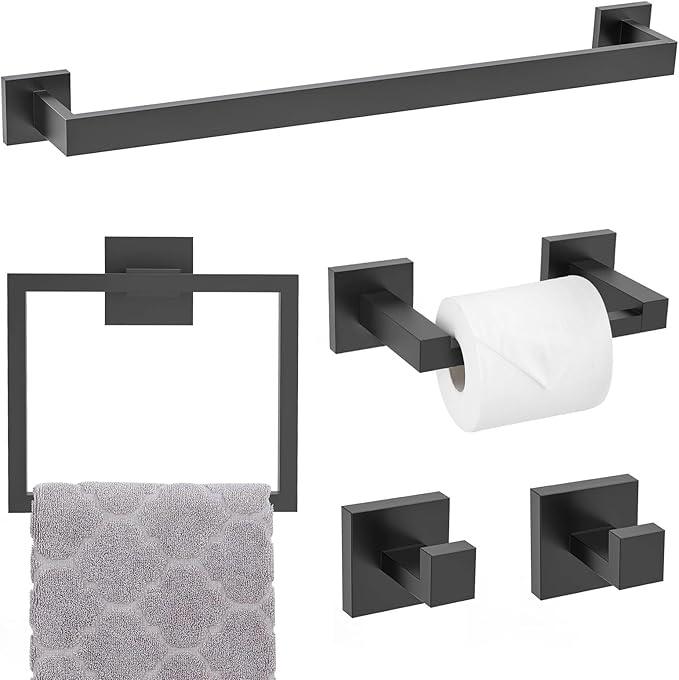 TNOMS Matte Black Towel Bar Set 5-Piece Bathroom Hardware Accessories Set,23.6 Inch Modern Towel Holder Set SUS304 Stainless Steel Towel Rack Set for Bathroom,Wall-Mounted - ModernBath