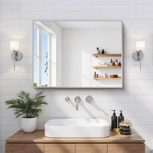 COFENY Silver Bathroom Mirror for Wall, 18x24 Inch Rectangle Mirror with Metal Frame, Modern Vanity Mirrors for Bathroom Living Room, Entryway Hangs Horizontal or Vertical - ModernBath