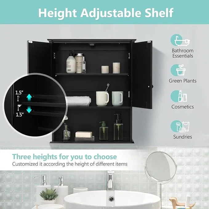COSTWAY Wall Mounted Bathroom Cabinet, Over The Toilet Storage Cabinet w/Double Doors & Adjustable Shelf, Wood Hanging Medicine Cabinet for Living Room, Entryway, Kitchen (Black) - ModernBath