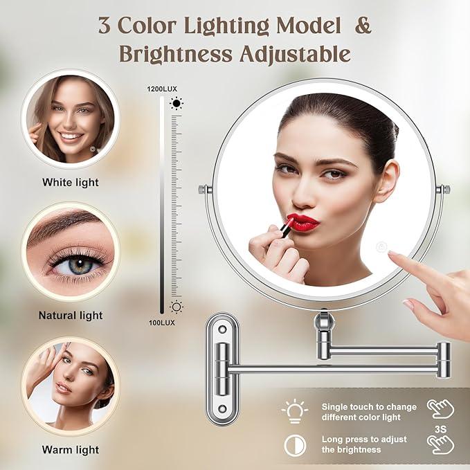9" Wall Mounted Makeup Lighted Mirror, 4000mAh Rechargeable Double Sided LED Vanity Mirror with Height Adjustable&1X/10X Magnification, 3 Color Lights Touch Screen Dimmable 360°Swivel Bathroom Mirror - ModernBath