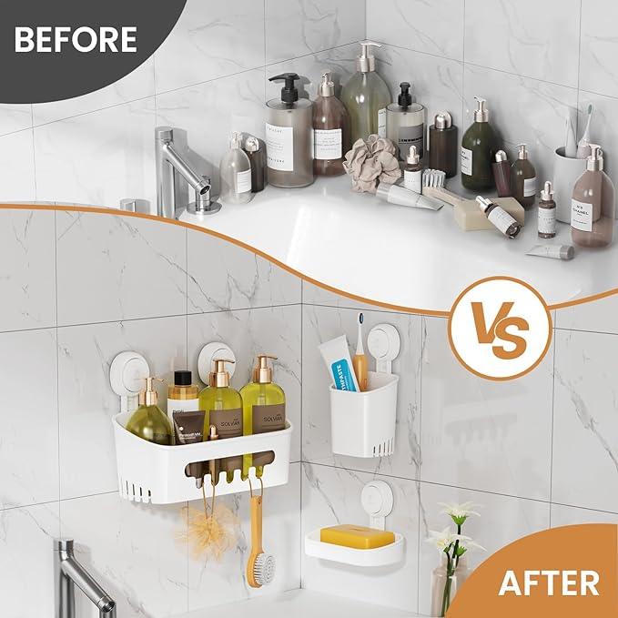 LEVERLOC Shower Caddy Suction Cup Set Shower Organizer & Soap Holder & Toothbrush Holder, Bathroom Shelf Basket NO-Drilling, Removable Suction Storage Waterproof Bathroom Caddy, White - ModernBath