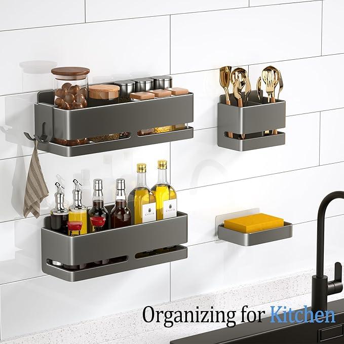 Bathroom Storage Rack (5-Piece Set), Wall-Mounted Shelf with soap Dish and Toothbrush Holder, no Drilling Required, Ideal for Bathroom Storage and Also Suitable for Kitchen (Grey) - ModernBath