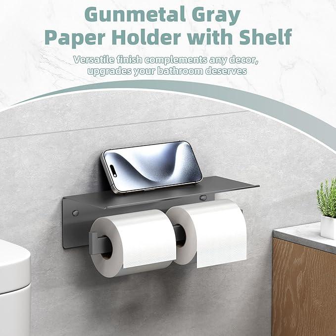 APLusee Gunmetal Gray Double Toilet Paper Holder with Shelf, 304 Stainless Steel Bathroom Tissue Roll Holder, Wall Mounted Paper Dispenser for Bathroom Kitchen, Fits Mega Rolls - ModernBath