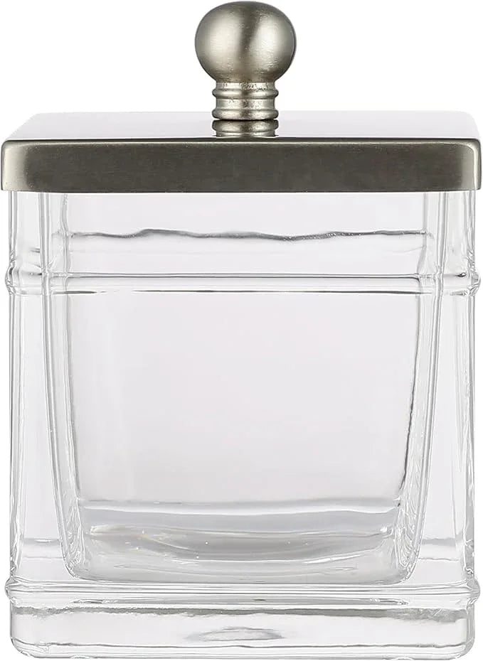 Indecor Home Apothecary Glass Cotton Jar Holder Brushed Nickel Stainless Steel Lid, Elegant Bathroom Storage Canister for Qtips, Cotton Balls, Floss, Makeup Organizer, Vanity Bathroom Organization - ModernBath