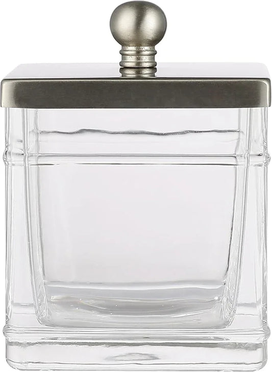 Indecor Home Apothecary Glass Cotton Jar Holder Brushed Nickel Stainless Steel Lid, Elegant Bathroom Storage Canister for Qtips, Cotton Balls, Floss, Makeup Organizer, Vanity Bathroom Organization - ModernBath