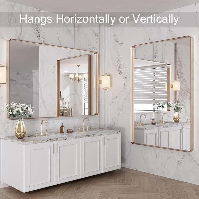 LOAAO 48”X32” Gold Bathroom Mirror, Rounded Rectangle Gold Frame Mirror, Brushed Gold Bathroom Vanity Mirror Wall-Mounted, Anti-Rust, Tempered Glass, Hangs Horizontally or Vertically - ModernBath