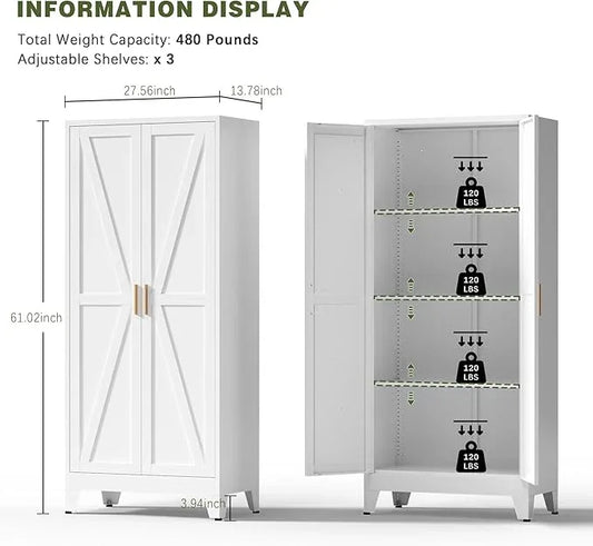 COFaR White Farmhouse Storage Kitchen Pantry Cabinet with 2 Barn Door, 3 Adjustable Shelves and Legs, for Cupboard/Dining Room/Bathroom/Living Room/Office/Laundry Room (White, 61" Farmhouse) - ModernBath
