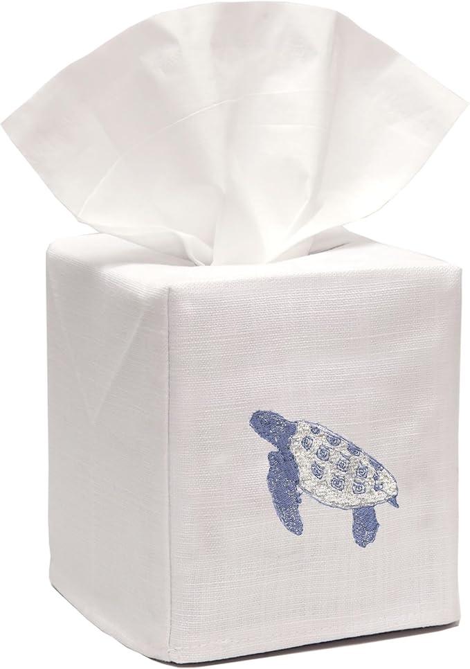 Jacaranda Living Square Tissue Box Cover, Linen/Cotton Fabric Tissue Holder, Decorative Cloth Tissue Cube Cover, Coastal Designs Sea Turtle (Blue) - ModernBath