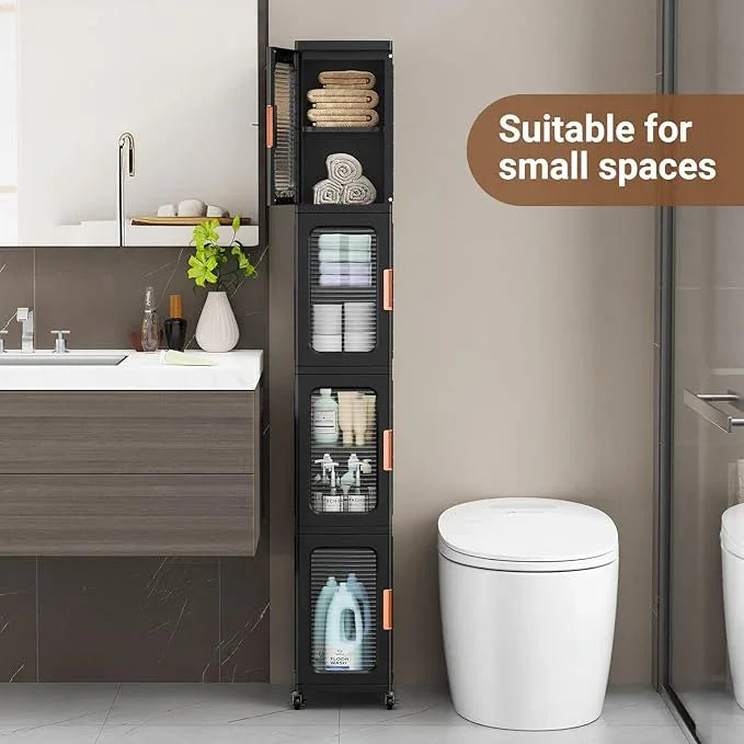 BROVIEW 8-Tier Tall Narrow Storage Cabinet Organizer, Slim Bathroom Cabinets with Adjustable Shelves and Doors, Plastic Kitchen Pantry Organizers and Storages for Small Space, Laundry, Black - ModernBath