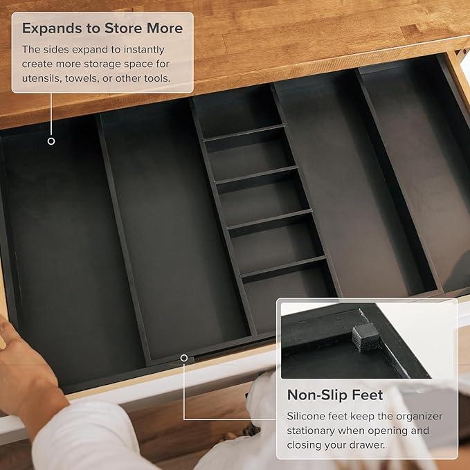 KitchenEdge Adjustable Kitchen Drawer Organizer for Utensils and Junk, Food-Safe Contract Grade with 100% Sustainable Wood, Expandable from 19 to 33 Inches Wide - Black Bamboo - ModernBath