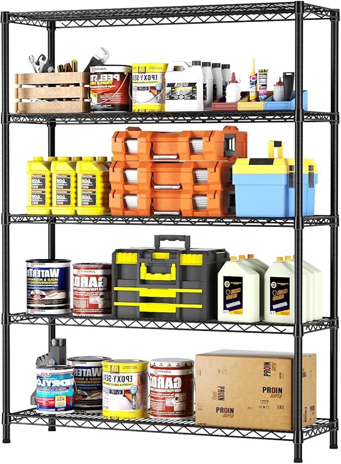 SINGAYE 5 Adjustable Heavy Duty Garage Shelving Wire Shelves Metal Standing Units Bathroom Organizers and Storage Shelf Closet Metal Pantry Kitchen 18" DX46 WX77 H Black - ModernBath