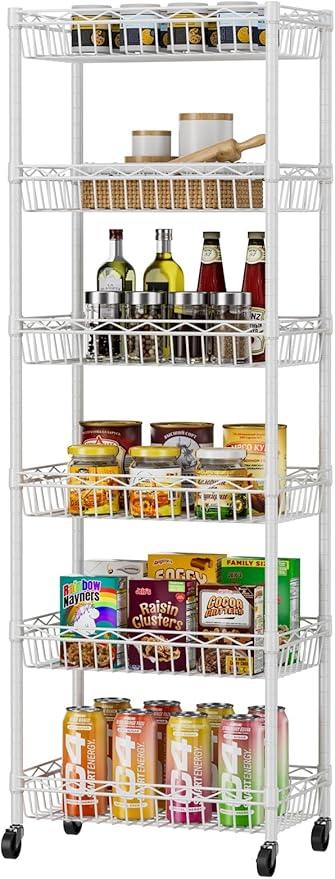 6 Tier Basket Shelf Wire Shelving Unit Adjustable Storage Shelves Big Basket Rack for Garage Kitchen Office Pantry Corner 17.2" Dx12.2 Wx63 H White - ModernBath
