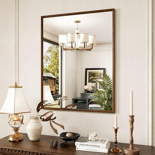 JISOSO 28x36 Inch Rectangle Walnut Bathroom Mirror, Anti-Rust 4MM Tempered Glass, Modern Vanity Mirror for Bathroom, Horizontal or Vertical Wall Mount - ModernBath