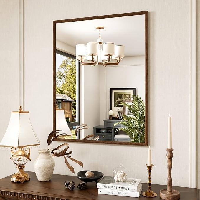 JISOSO Rectangle Walnut Bathroom Mirror 28x36 Inch, Anti-Rust 4MM Tempered Glass, Modern Vanity Mirror for Bathroom, Horizontal or Vertical Wall Mount - ModernBath