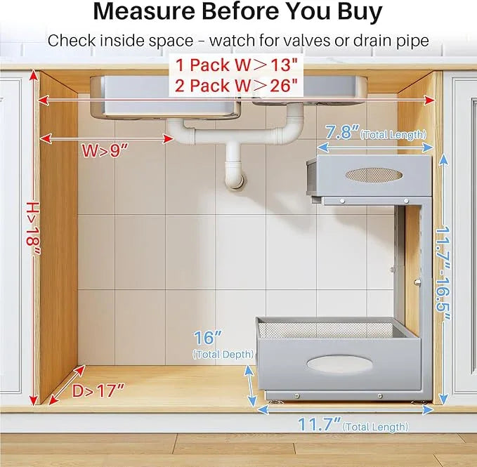 Under Sink Organizer, 2 Tier Pull Out Under Cabinet Organizer Shelf with Pad for Framed Cabinets, Metal Slide Out Under Sink Storage, Mesh Sliding Drawers for Kitchen Bathroom Laundry(Grey, 1 Pack) - ModernBath