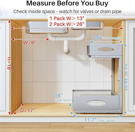 Under Sink Organizer, 2 Pack 2 Tier Pull Out Under Cabinet Organizer Shelf with Pad for Framed Cabinets, Metal Slide Out Under Sink Storage, Mesh Sliding Drawers for Kitchen Bathroom Laundry, Grey - ModernBath