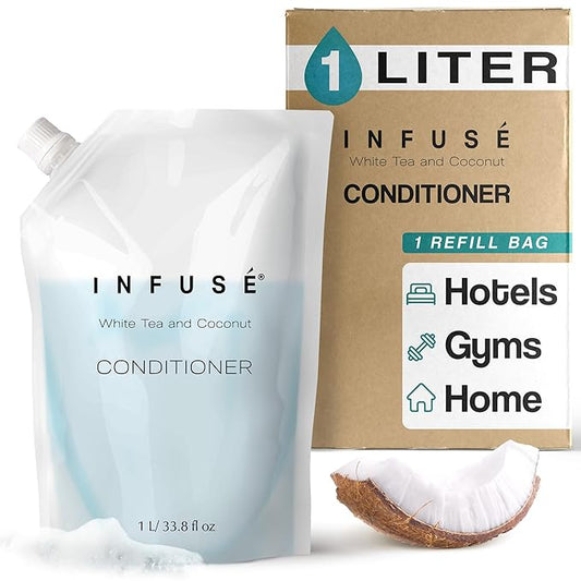 INFUSÉ 1 Liter Conditioner Refill Bag For Soap Dispensers | Bulk Toiletries for Vacation Rentals, and Home Bathroom Showers | White Tea and Coconut | Single