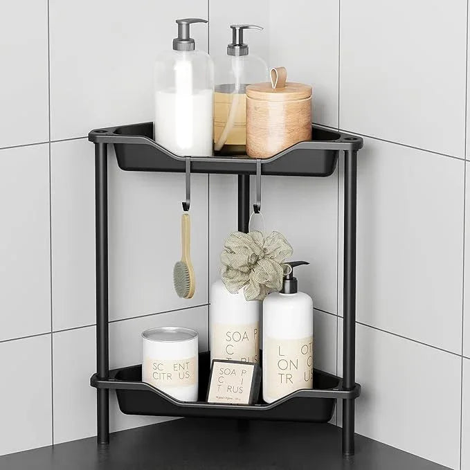 ODesign 2 Tier Floor Standing Corner Shower Caddy Organizer Plastic Metal Splicing Shelf Storage Rack for Bathroom Black - Rustproof - ModernBath