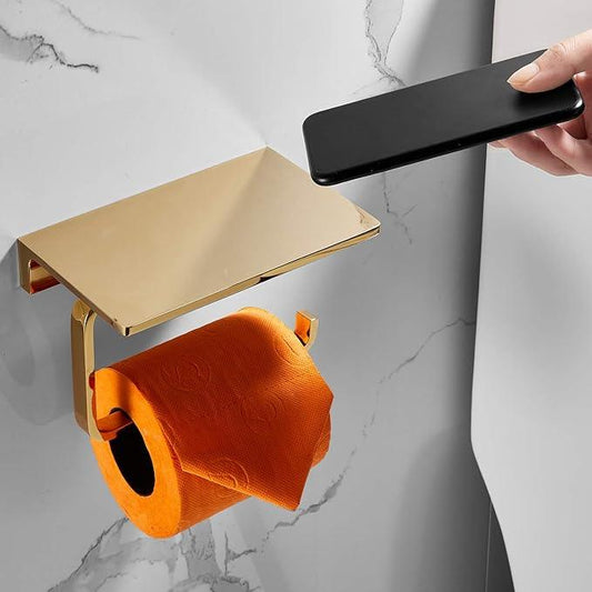 Toilet Roll Paper Holder Bathroom Solid Brass and Superior Hotel Style Wall Mount Tissue Roll Holder with Phone Shelf Bright Gold Finished - ModernBath