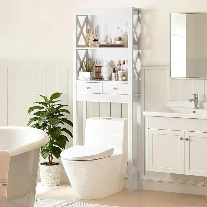 Giantex Over The Toilet Storage Cabinet with 2 Drawers, Over Toilet Bathroom Organizer with 2 Open Shelves, Freestanding Space Saver Above Toilet for Restroom, White - ModernBath