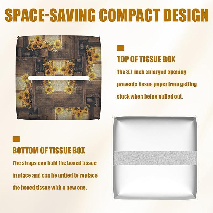 Highland Cow Sunflower Tissue Box Cover 2PCS, Leather Tissue Box Holder Square Facial Paper Case Tissue Box Cube Organizer for Bathroom Bedroom Desk Office - ModernBath