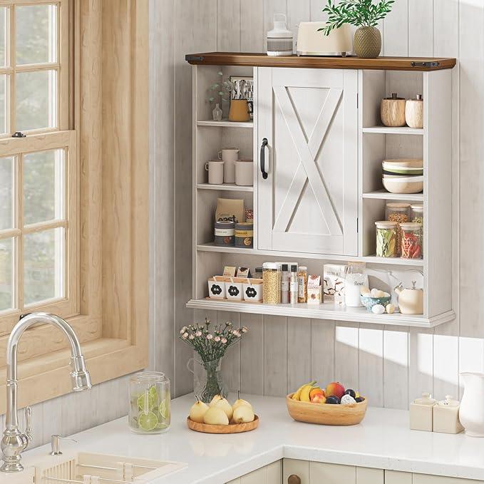 Bathroom Wall Cabinet, Farmhouse Medicine Cabinet with Adjustable Shelves and Barn Doors, Large Wall Mounted Over the Toilet Storage Cabinet for Bathroom, Laundry Room, Kitchen, Rustic White and Brown - ModernBath