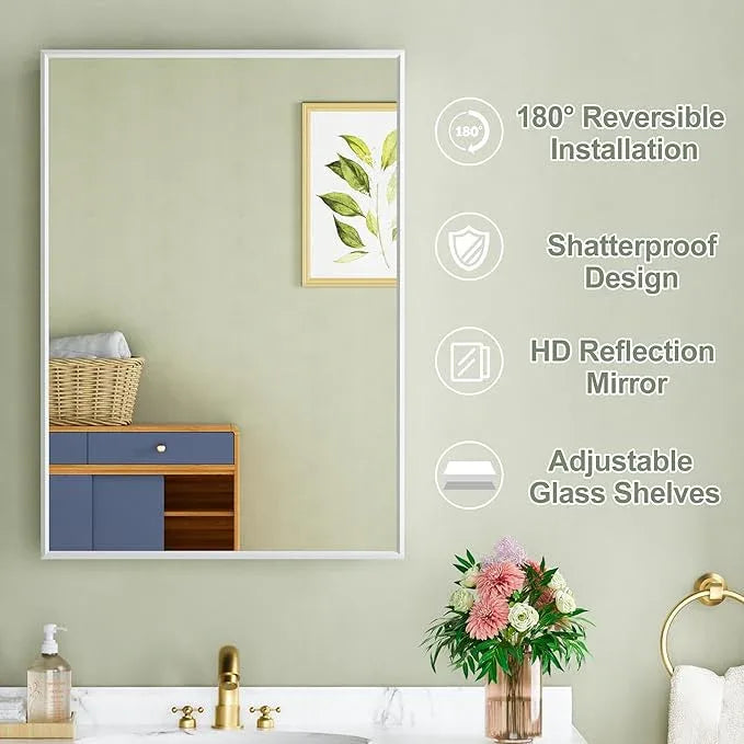 Buruis 20" x 28" Framed Medicine Cabinet with Mirror, Recessed or Wall Mounted Bathroom Cabinet, Adjustable Tempered Glass Shelves, Left/Right Open Reversible, No Assembly Required, White - ModernBath