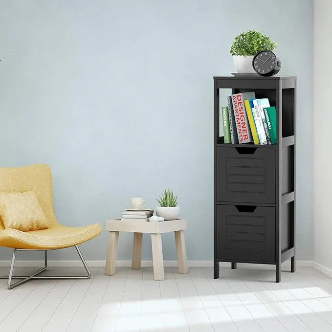 Tangkula Bathroom Floor Cabinet, Narrow Wood Storage Tower w/2 Switchable Drawers, Multifunctional Side Storage for Bathroom, Freestanding Small Cabinet for Small Spaces, 12 x 12 35 Inch (Black) - ModernBath