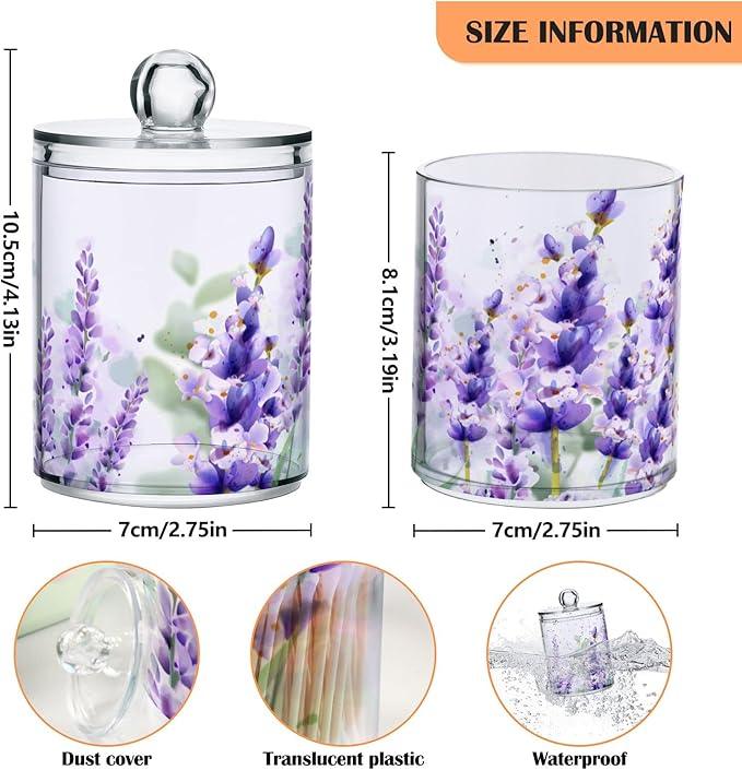 BOENLE 2 Pack Qtip Holder Dispenser Purple Lavender Storage Canister Bathroom Acrylic Plastic Apothecary Jars Vanity Organizer Lid for Cotton Swab/Ball/Pad - ModernBath
