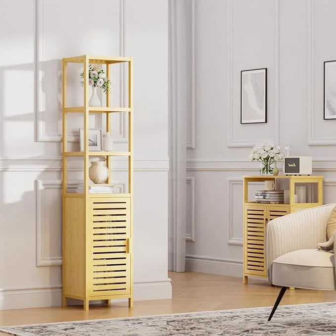 HITNET Bathroom Floor Cabinet, 6 Tier Tall Thin Linen Tower Storage Cabinet Free Standing Bamboo, Kitchen Side Organizer with 3 Shelves and Cupboard, Natural - ModernBath