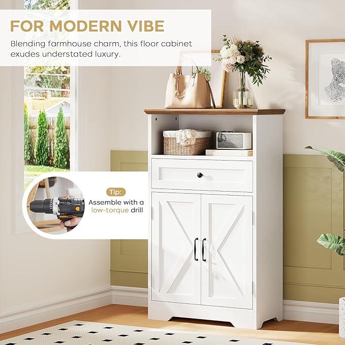 Floor Cabinet, Farmhouse Storage Cabinet with Barn Doors and Drawer, 11.81" D x 23.62" W x 39.37" H White Freestanding Adjustable Shelf Organizer for Bathroom, Kitchen, Living Room - ModernBath
