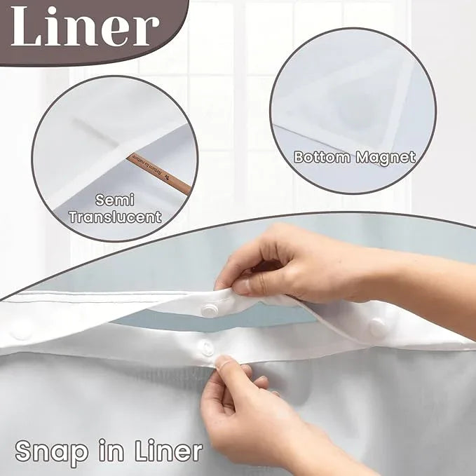 SORTTO No Hook Slub Textured Shower Curtain with Snap in Liner - Blue Fabric Outer Curtain & Waterproof Inner Liner, Hotel Style with See Through Top Window, 71x86 in - ModernBath
