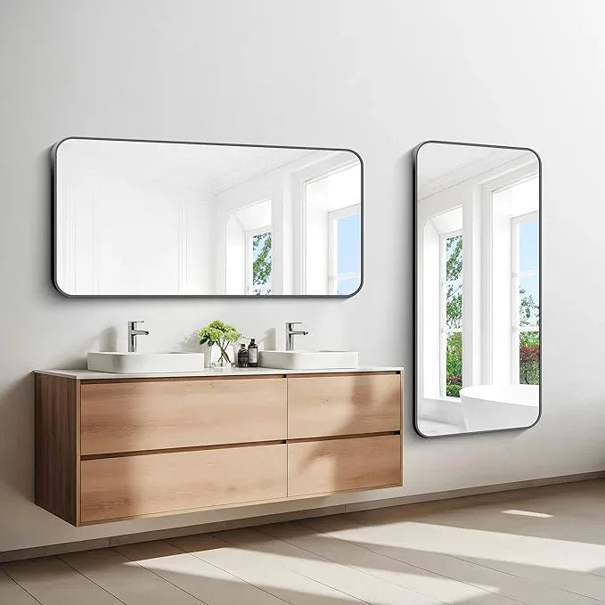 BONEWEI 24x48 inch Bathroom Mirror,Black Rectangle Mirror,Wall Mounted Bathroom Frame Vanity Mirror with Round Corner for Bedroom Living Room, Entryway Hangs Horizontal or Vertical - ModernBath