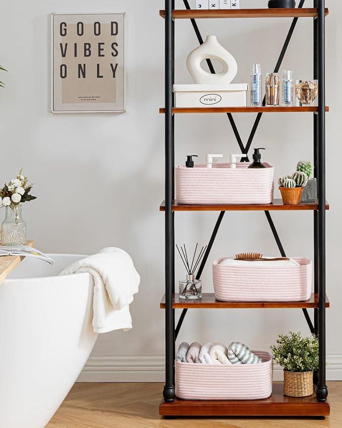 Small Woven Basket, 13.5 x 9.5 x 5 Inches, Storage Basket for Organizing, Cute Small Rope Shelf Closet Cube Storage Bins Baskets for Shelves, Dog Toy Gift Baskets Empty, 3 Pack Light Pink - ModernBath