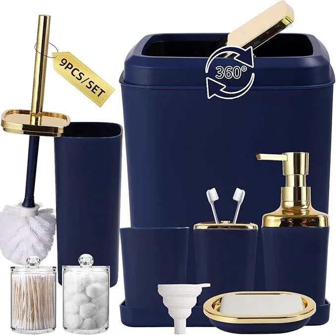 XLHOMO Navy Blue Bathroom Accessories Set, Blue and Gold Bathroom Accessories with Trash Can, Soap Dispenser, Soap Dish, Toothbrush Holder and Q-tip Holders - ModernBath