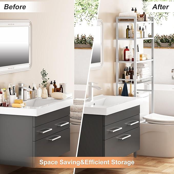 Over-The-Toilet Storage Rack, 4-Tier Bathroom Organizer Shelf Over Toilet with Adjustable Shelf and Basket, Freestanding Space Saver Bathroom Shelves Above Toilet for Room (Pure White) - ModernBath